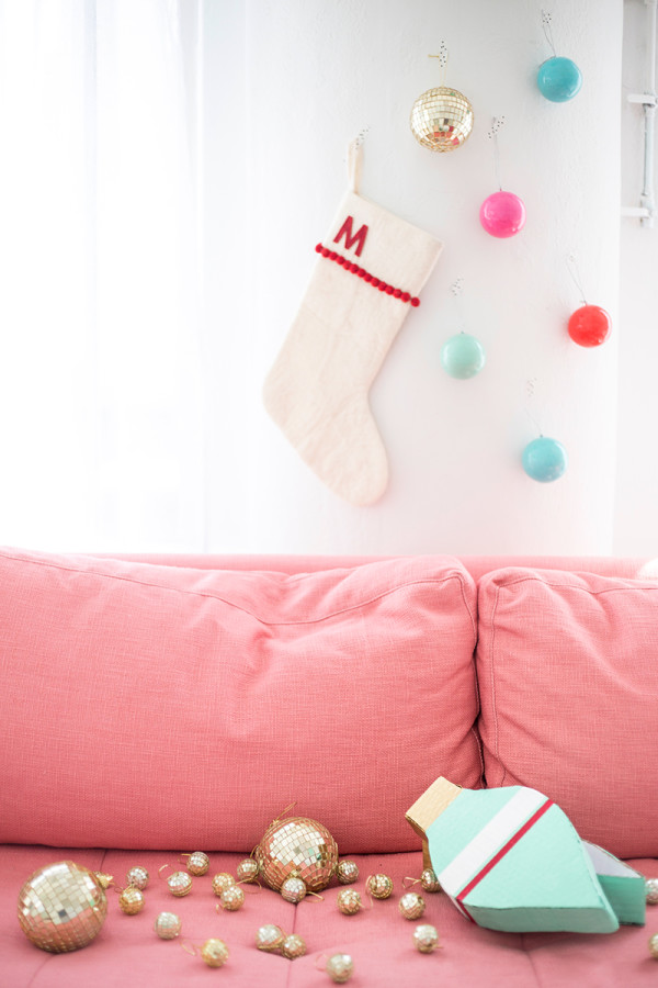 Pink couch and a stocking