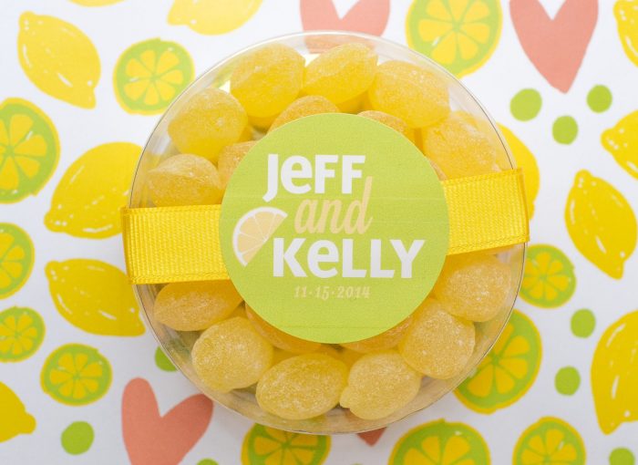 DIY Lemon Drop Favors in a clear tin. 