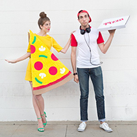 DIY Pizza Slice + Delivery Boy Couples Costume A woman dressed as pizza and a man dressed as a delivery man