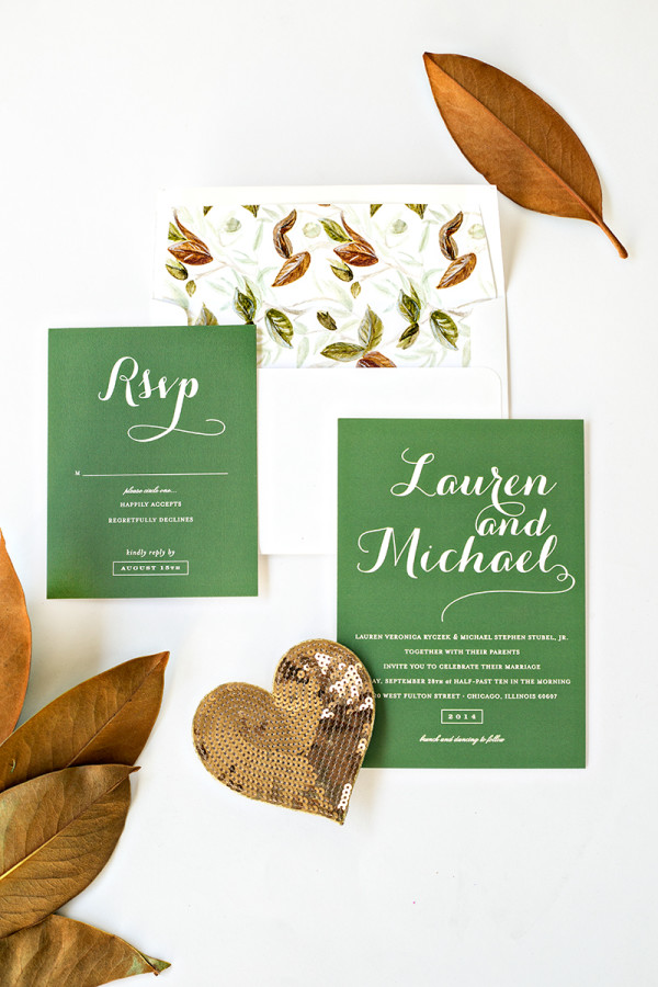 Green wedding invitations and leaves