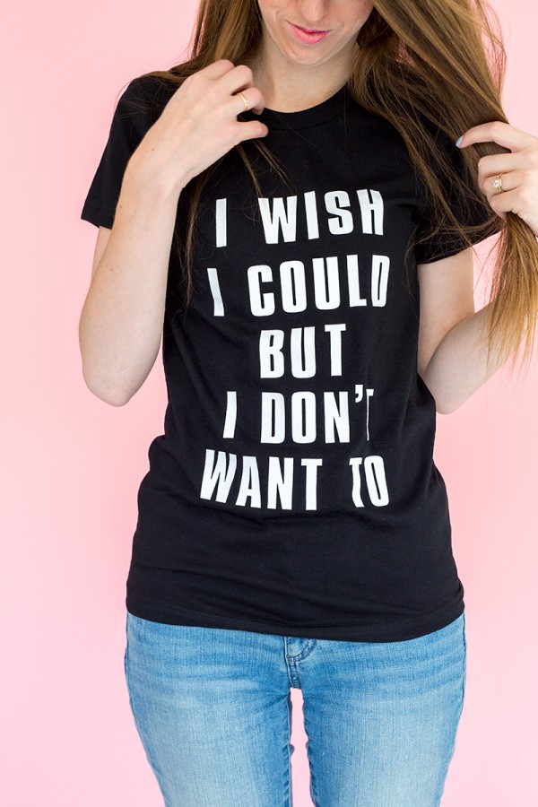 Black t shirt with white words