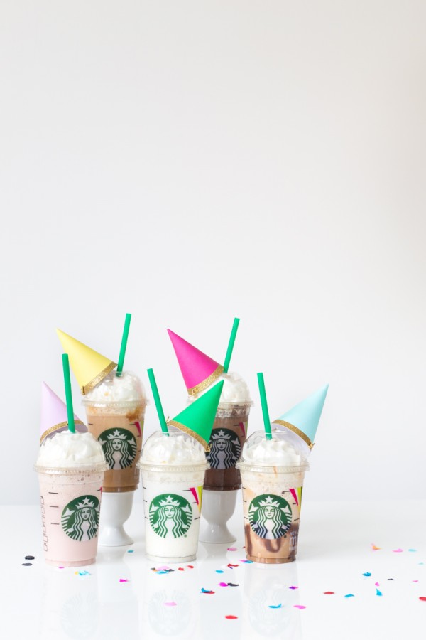 Starbucks drinks with party hats