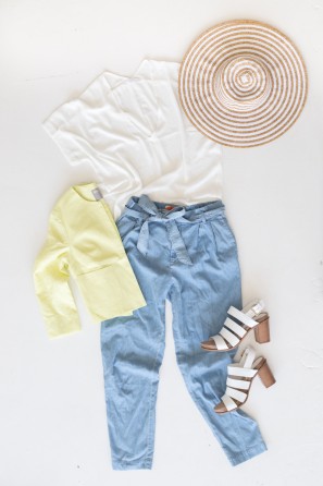 Blue pants and a white shirt