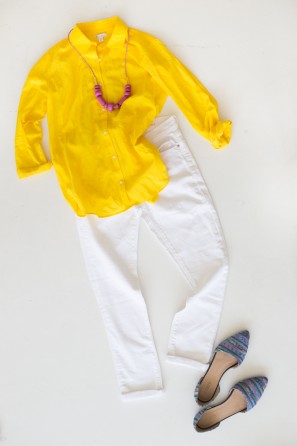 Yellow shirt and white pants