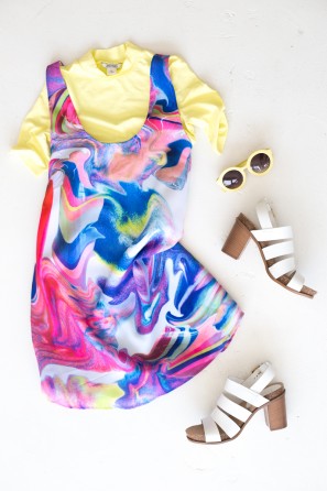 A colorful dress and heels