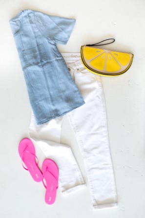 Blue shirt and white pants