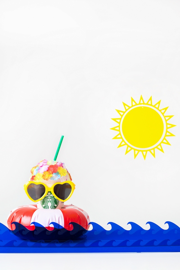 A starbucks drink with sunglasses on it