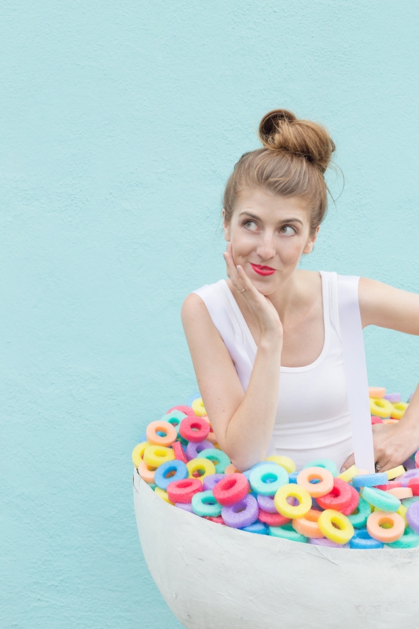 A woman dressed in a cereal costume