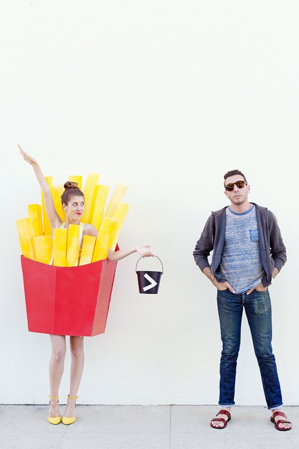 A woman in a fry costume and a man next to her