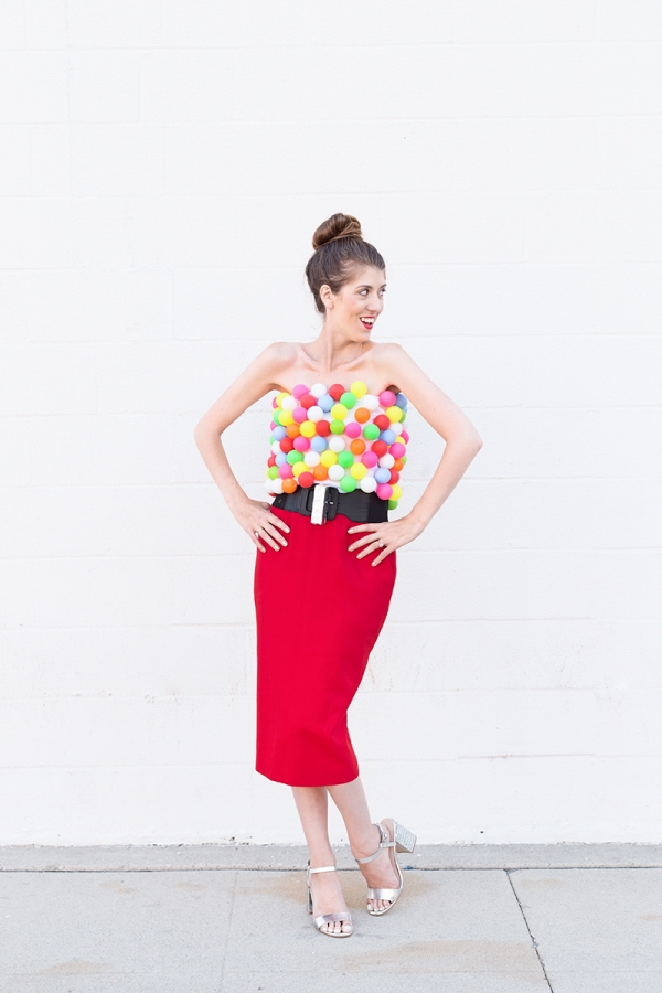 A woman dressed as a bubblegum machine