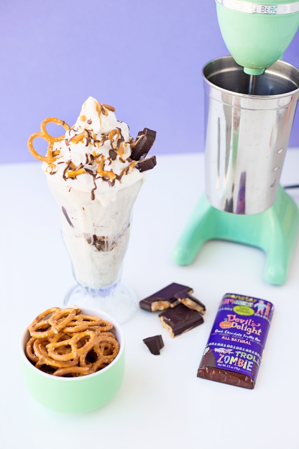 A milkshake with pretzels