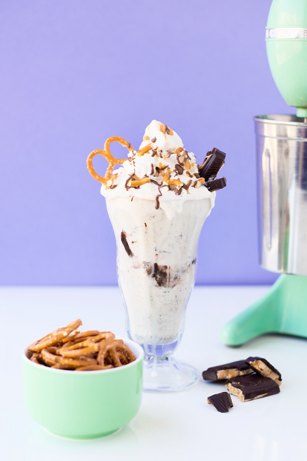 A milkshake with pretzels