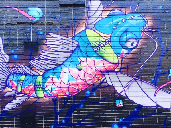 A colorful mural of a fish