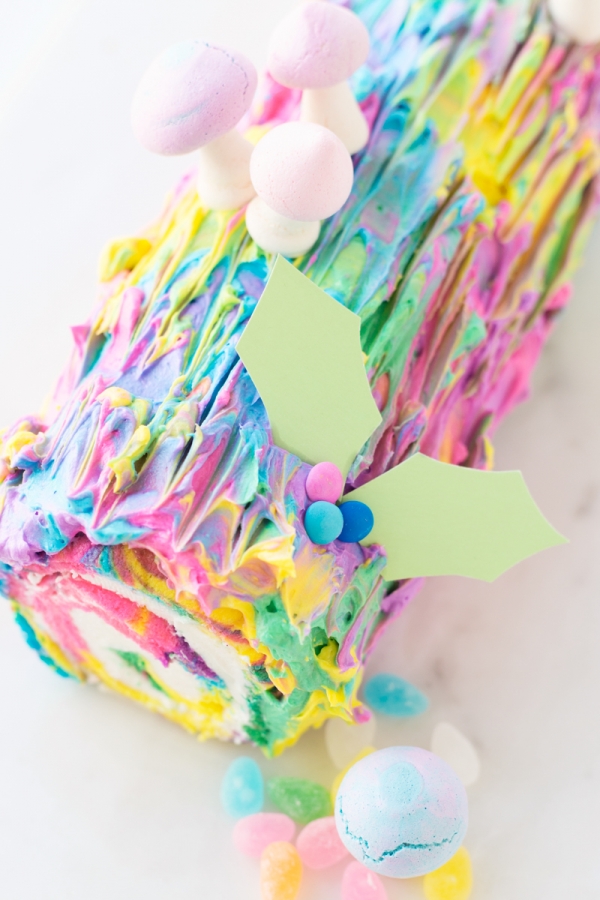 Rainbow yule log dessert
