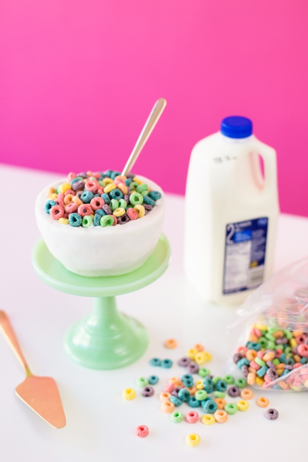 A cereal bowl cake and milk