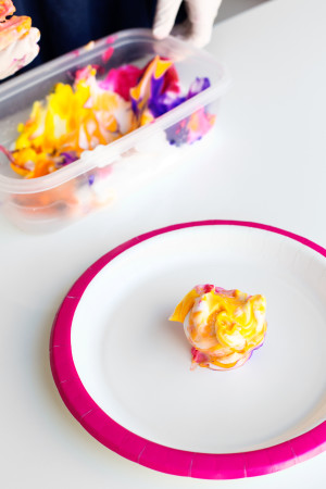 A plate with a colorful substance on it