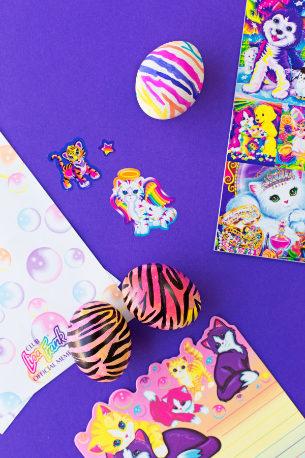 Colorful eggs with animal prints on them and stickers