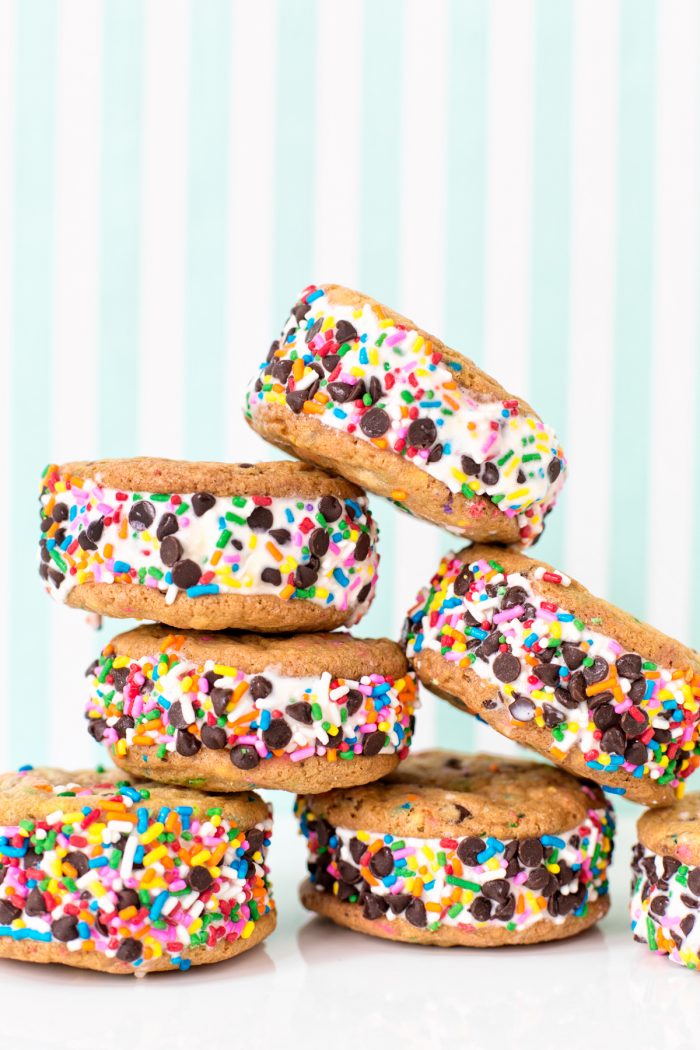 Dessert Party Ice cream sandwiches stacked on top of each other.