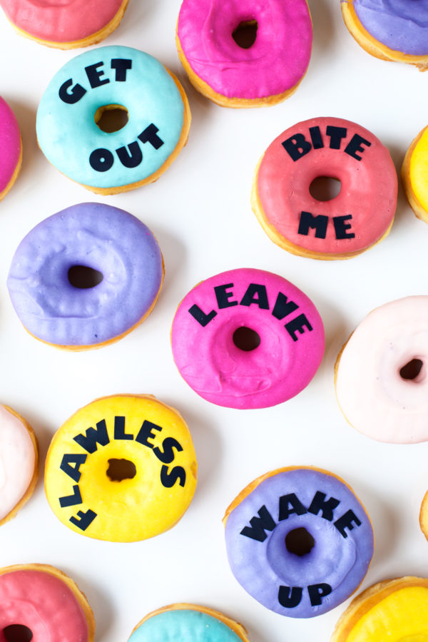 Colorful donuts that have words on them