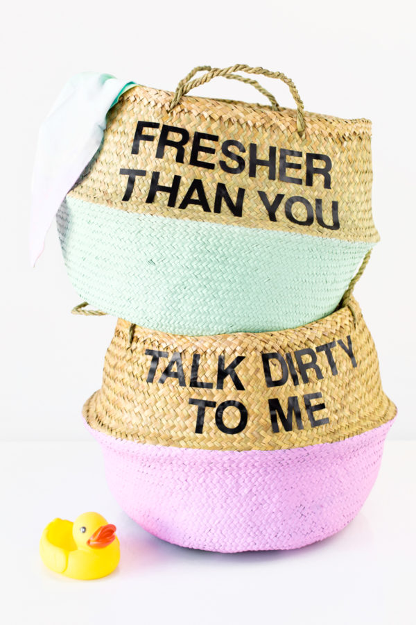 Laundry baskets with words on it