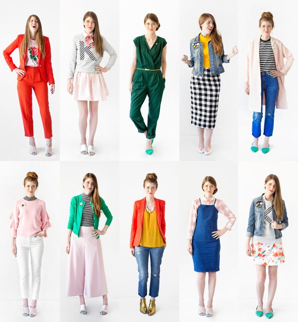A graphic with a woman posing in different outfits