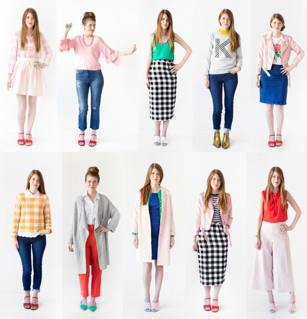 A graphic with a woman posing in different outfits