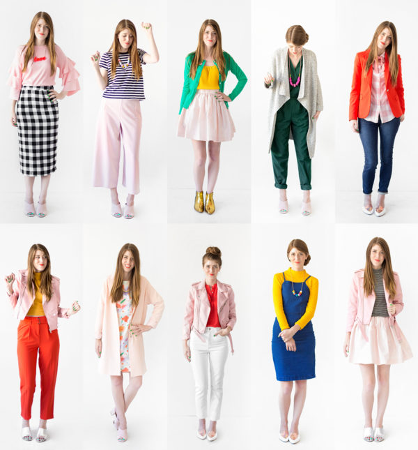 A graphic with a woman posing in different outfits