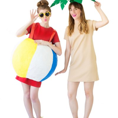 DIY Palm Tree + Beach Ball Costumes Two women wearing beach costumes