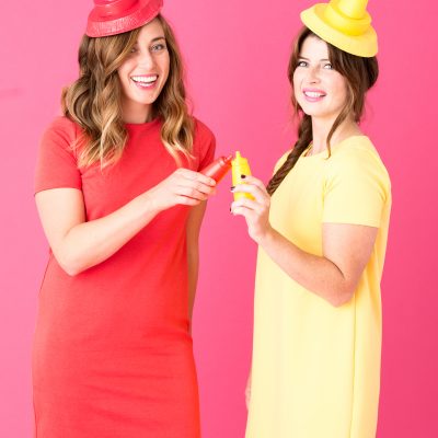 Easy DIY Ketchup and Mustard Costume Two girls dressed as ketchup and mustard