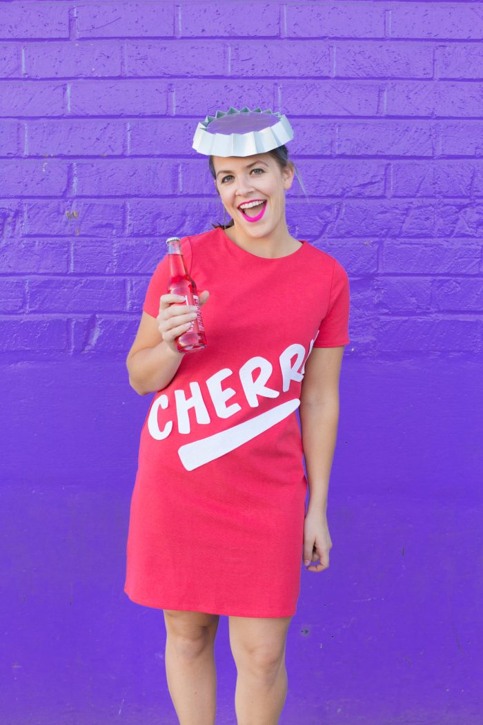A woman dressed as a cherry soda