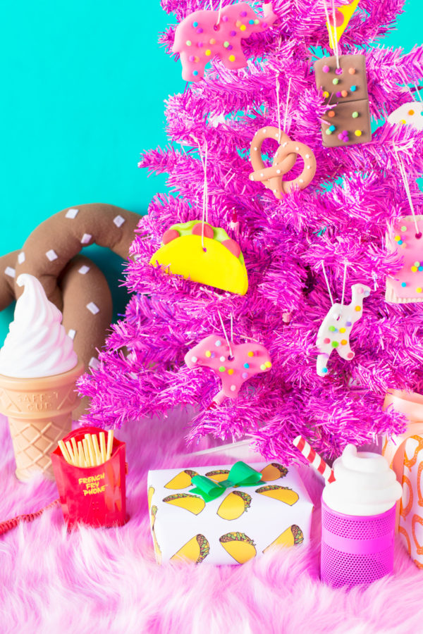Food ornaments on a pink Christmas tree