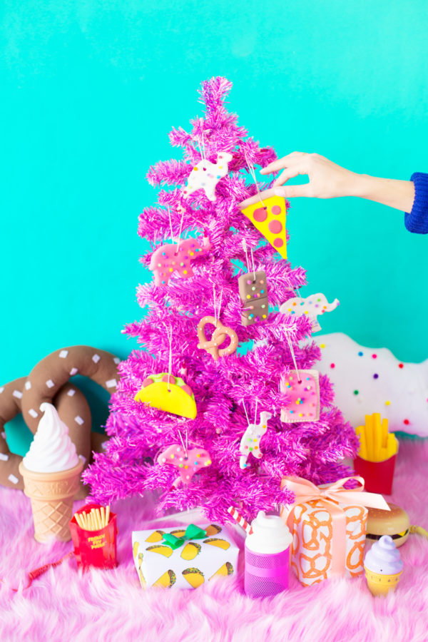 Food ornaments on a pink Christmas tree