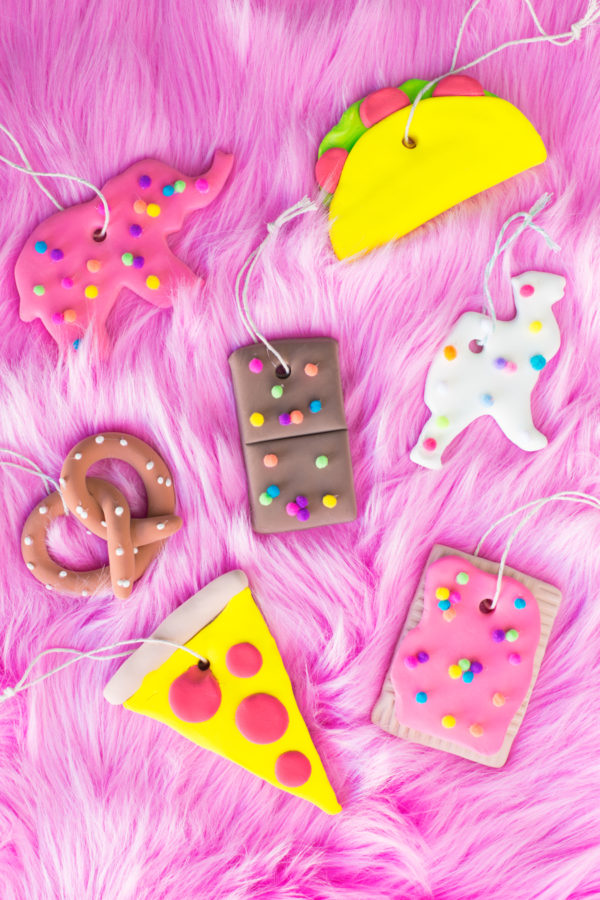 Junk food ornaments on pink fur