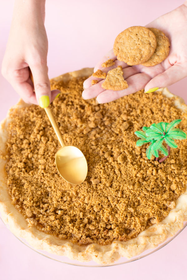 A pie with cookie crumbs