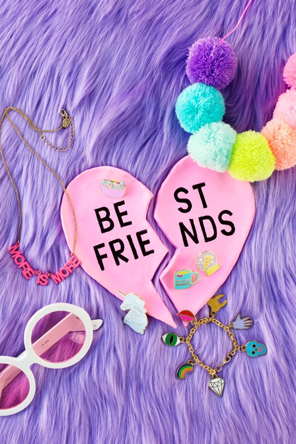 Pink heart-shaped ring dish with accessories