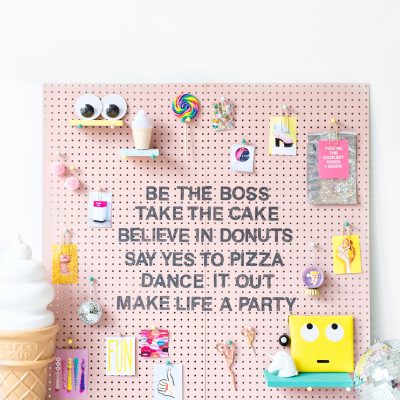 A board with accessories and words on it