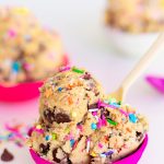Cookie dough in a pink bowl