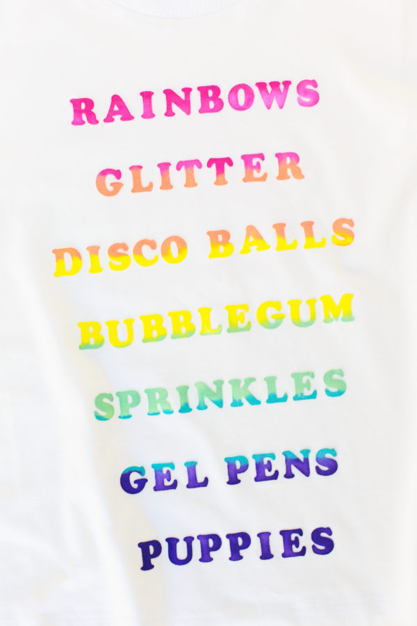 Rainbow letters on a shirt
