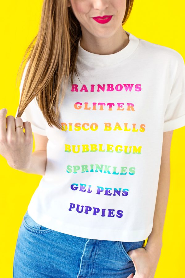 A shirt with rainbow words