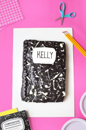 A composition notebook cake