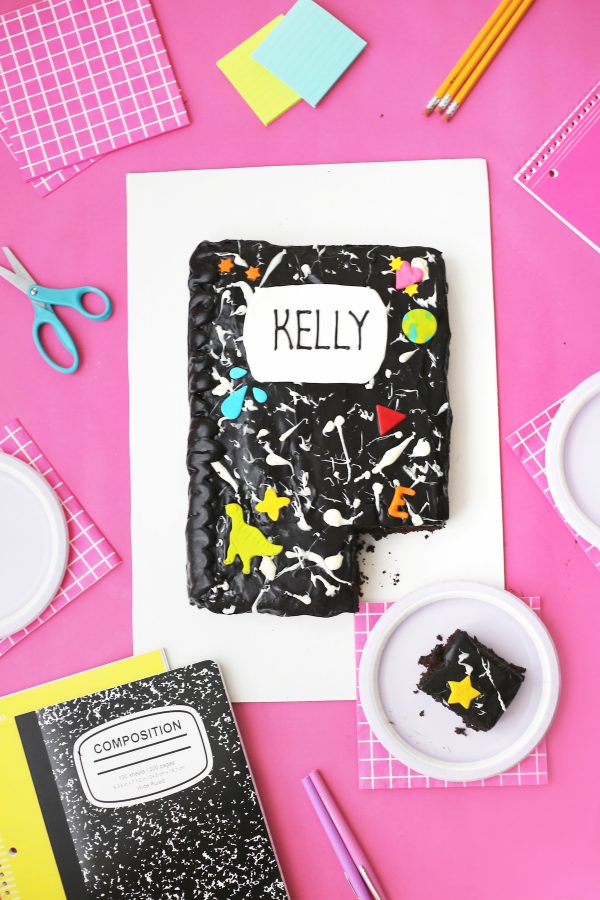 A composition notebook cake