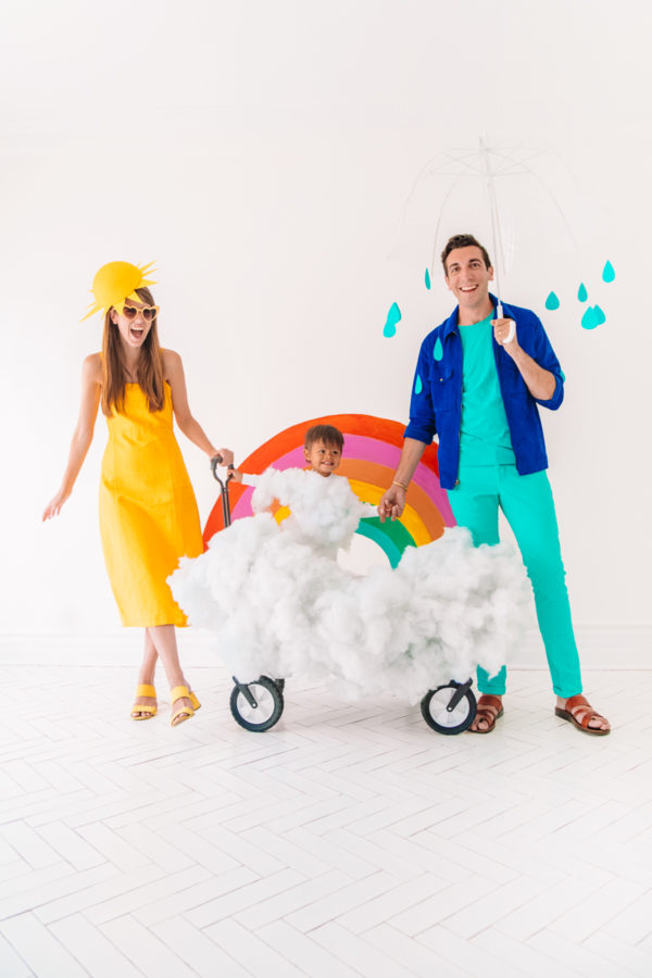 Three people dressed as weather