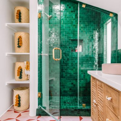 Our Bold Pink and Green Bathroom Green Tile Shower | Master Bathroom