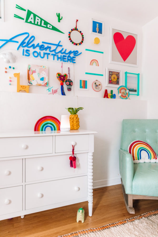 A bedroom with colorful decorations