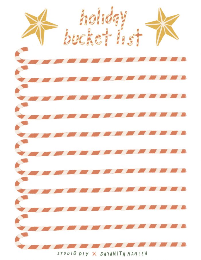 Printable Christmas Bucket List Graphic with "holiday bucket list" on top followed by lines of candy canes.