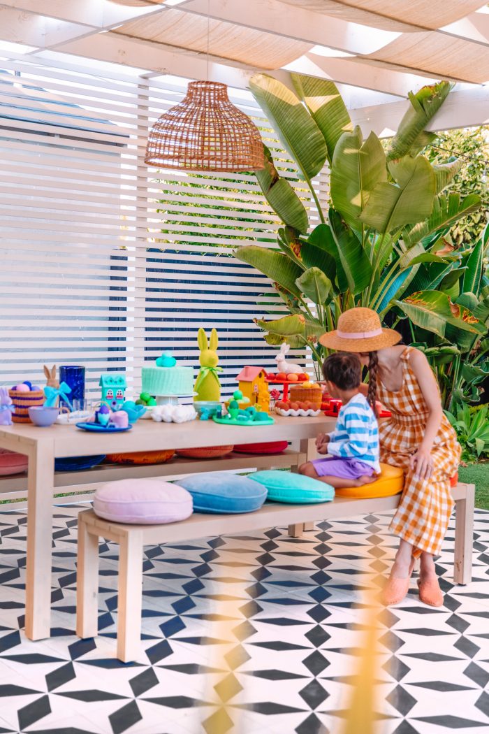 Table with Easter decorations and two people sitting