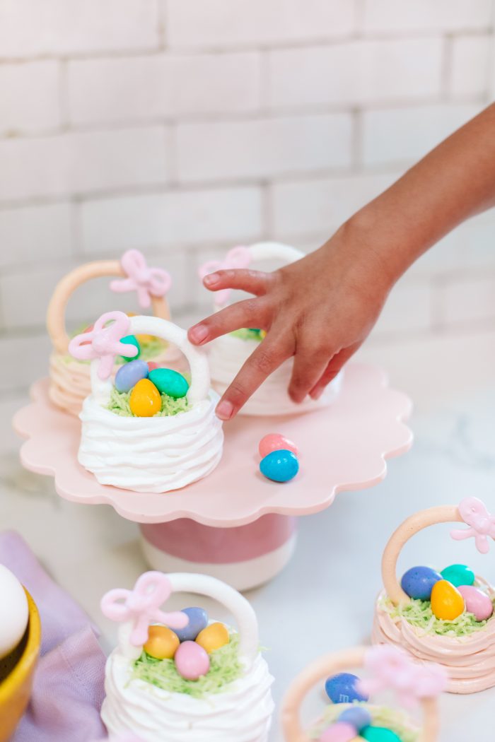 Close up of three mini easter baskets