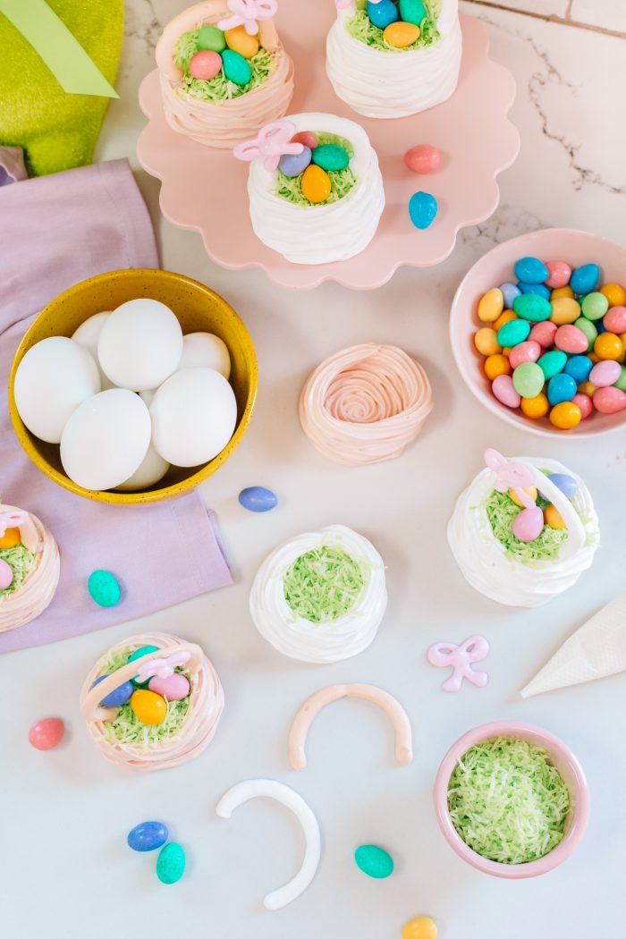 Easter basket with eggs in the making
