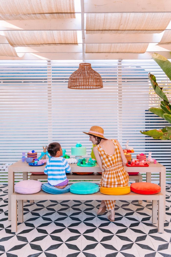 Rainbow easter table with two people sitting