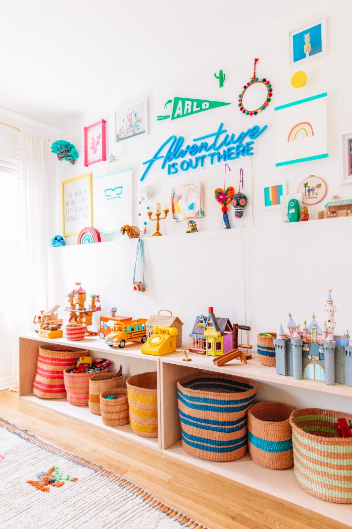 A room with colorful decorations and storage